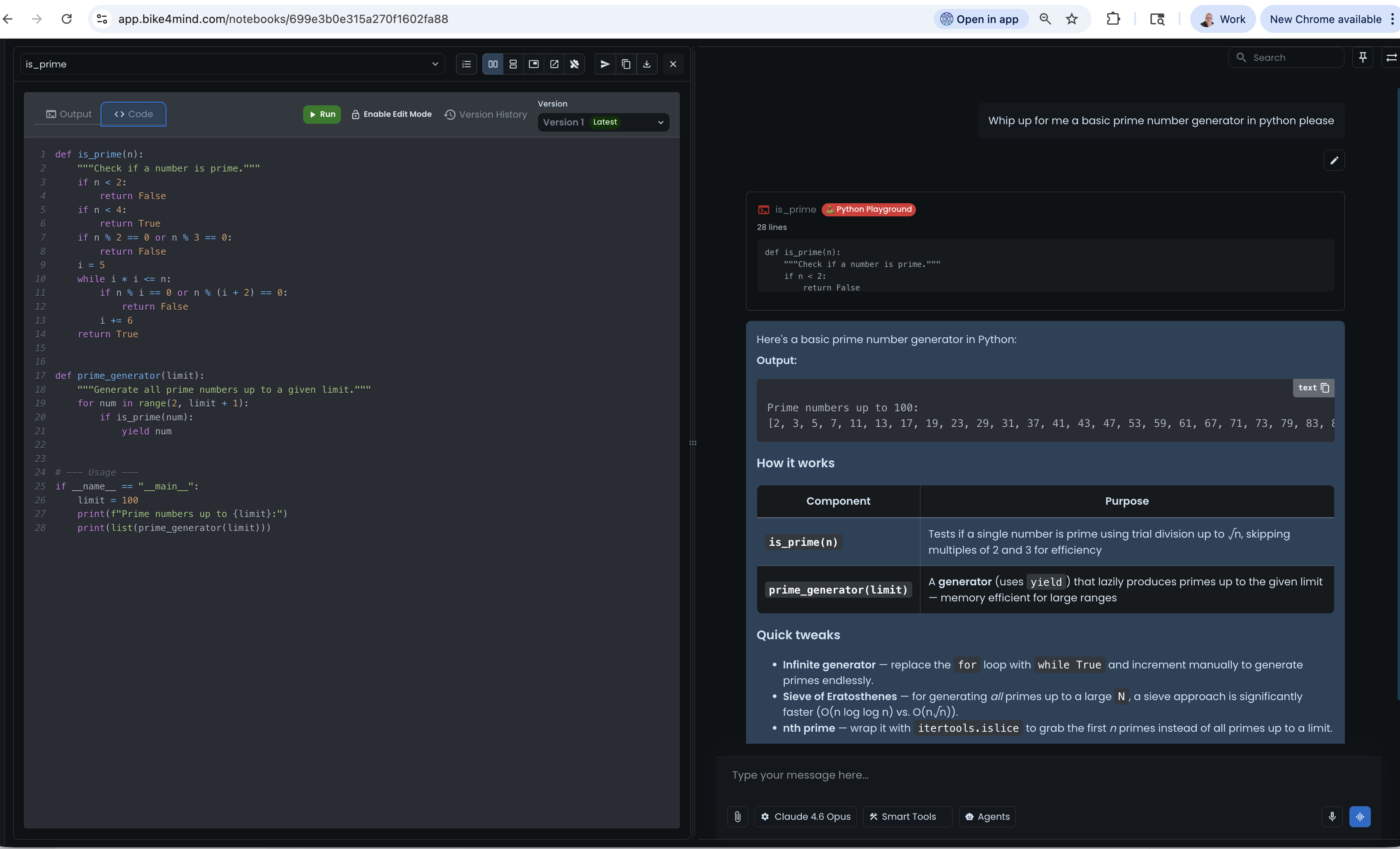 Python Playground output showing primes up to 100 with component breakdown analysis